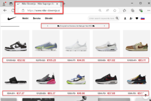 Posnetek zaslona spletne trgovine Nike Slovenija, kjer so cene čisto vseh artiklov občutno nižje, kot pri drugih ponudnikih.