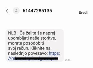 Posnetek zaslona sporočila: primer smishinga v imenu banke.