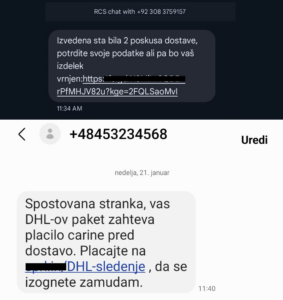 Posnetek zaslona SMS-a v ienu dostavnega podjetja. Pod krinko posodobitve podatkova dostavo, skušajo pridobiti podatke kreditne kartice.
