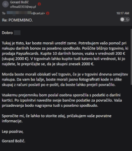 Sporočilo sodelavcu SI-CERTA v imenu vodje Gorazda Božiča, da rabi darilne kartice.