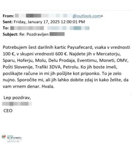 Sporočilo v imenu vodje zaposlenemu, naj ta kupi darilne kartice v vrednosti 600 € in mu posreduje kode.