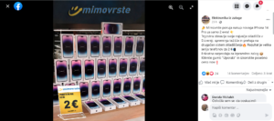 posnetek zaslona lažne ponudbe v imenu Mimovrste - pametni telefon za samo 2 e.
