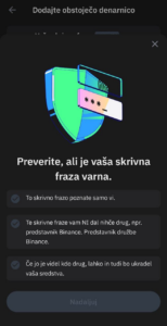 Posnetek zaslona: Opozorilo aplikacije Trust Wallet, da dodajanje take kriptodenarnice ni varno. 