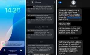 Posnetki zaslonov z različnimi primeri SMS-sporočil, ki naj bi jih uporabniki prejeli od Binance finančnega podjetja.