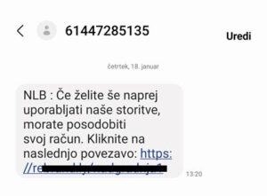 Posnetek zalosna - SMS sporočila v imenu banke, ki navaja, d moramo prek povezave posodobiti svoj račun.