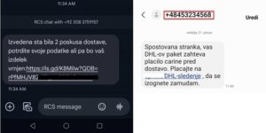 Posntek zaslona - SMS sporočili, ki naj bi ju poslala pošta oz. dostavno podjetje.