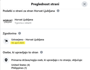 Podatki v vizitke Facebook strani - preglednost strani.