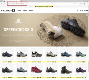 Posnetek zaslona prikazuje lažno spletno trgovino, ki zlorabljala podobo znane znamke obutve Salomon. Cene so izrazito nižje, imenu trgovine pa so dodali 'Slovenija', da bi prepričali v nakup.