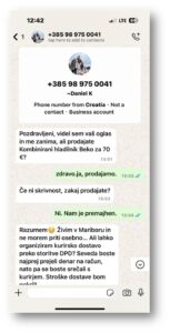 Sporočilo lažnega kupca, ki obljublja, da bo po artikel poslal kurirja. Obljublja tudi nakazilo kupnine na akrtico prek priložene spletne povezave.