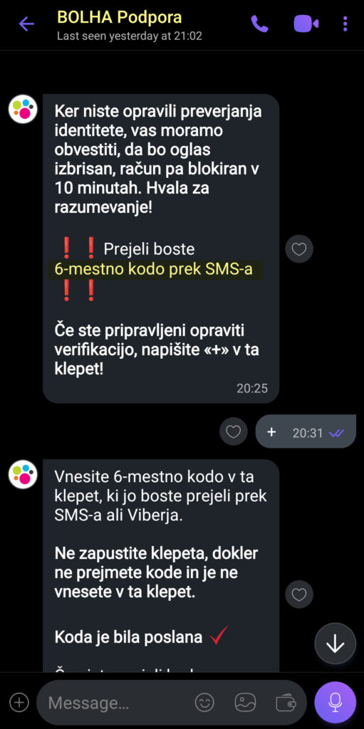 Lažno sporočilo prek Vibra v imenu Bolha podpore, s katerim napaalci prevzamejo nadzor nad vašim Viber računom.