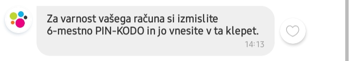 Lažno sporočilo v imenu Bolhine podpore, kjer piše, naj si uporabnik izmisli 6-mestno PIN kodo in jo vnese v ta klepet.