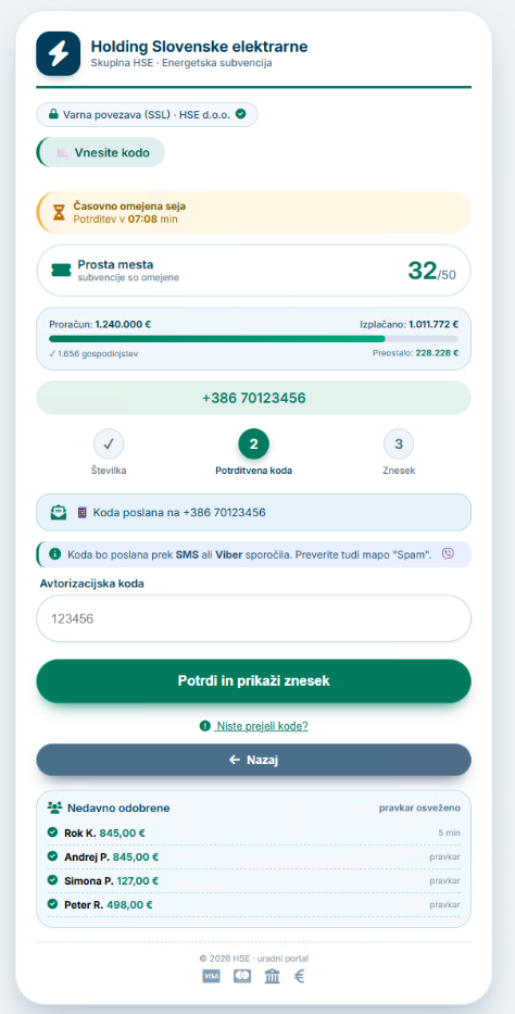 Lažna spletna stran HSE, ki zahteva vpis telefonske številke in potrditvene kode