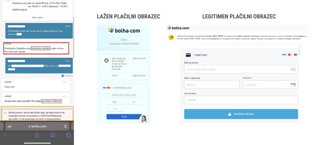 Pogovor prek portala Brez skrbi, kjer želi kupec od prodajalca dobiti telefonsko številko, da mu pošlje lažni SMS s povezavo do strani, ki izgleda kot Bolha, a je lažna, na njej pa je lažen plačilni obrazec za vpis podatkov kreditne kartice.