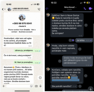 Sporočilo lažnega kupca, ki želi po artikel poslati kurirja. Pripelnja tudi povezavo do lažne spletne strani za vpis podatkov kreditne kartice. Tako pride do zlorabe računa.