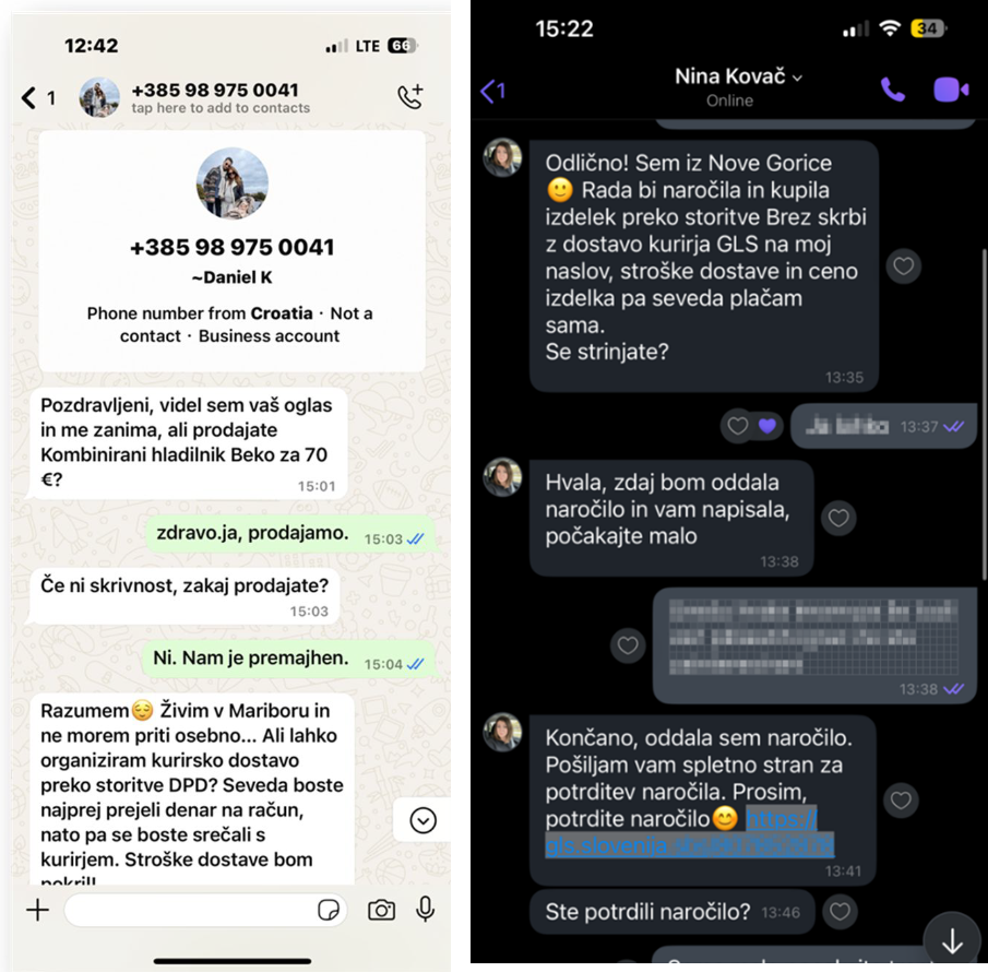 Sporočilo lažnega kupca, ki želi po artikel poslati kurirja. Pripelnja tudi povezavo do lažne spletne strani za vpis podatkov kreditne kartice. Tako pride do zlorabe računa.