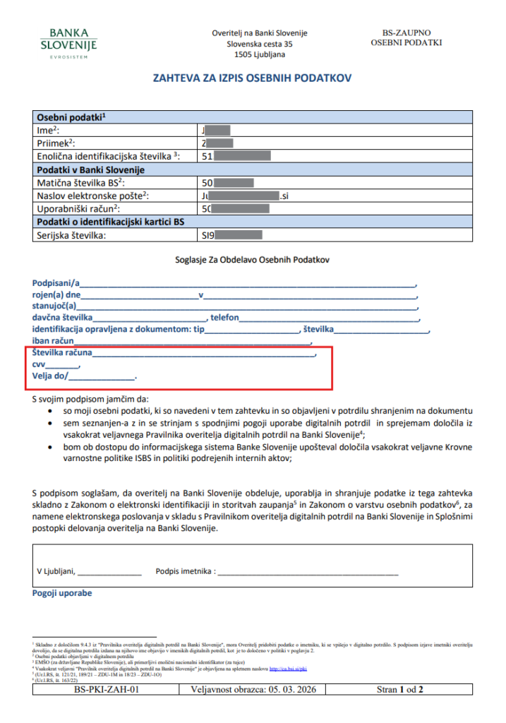 Ponarejen bančni obrazec za vpis in posredovanje osebnih in bančnih podatkov, vključno s številko in datumom poteka kartice ter CVV kodo.