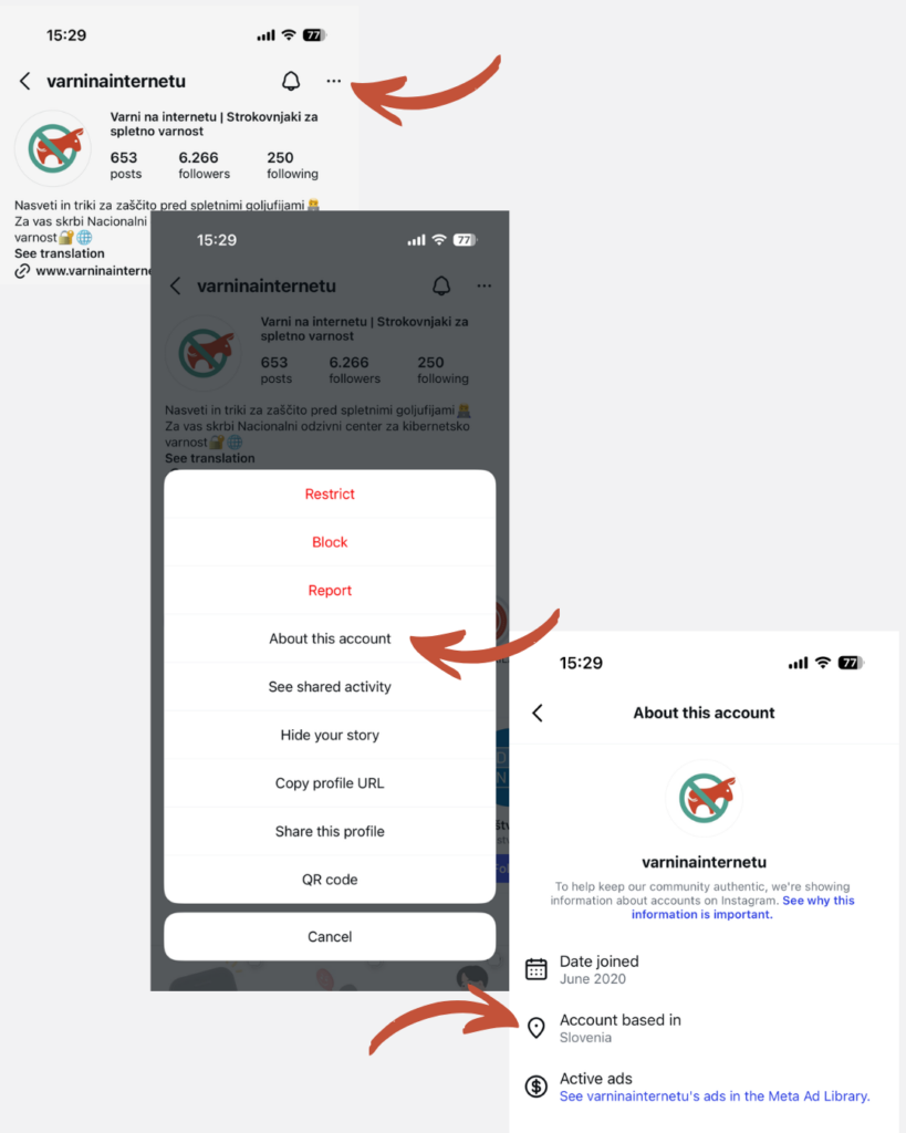 Grafika prikazuje, kako lahko na Instagram strani pod zavihkom About this account najdete  ključne informacije, kdaj je stran nastala in kje se nahajajo upravljavci.