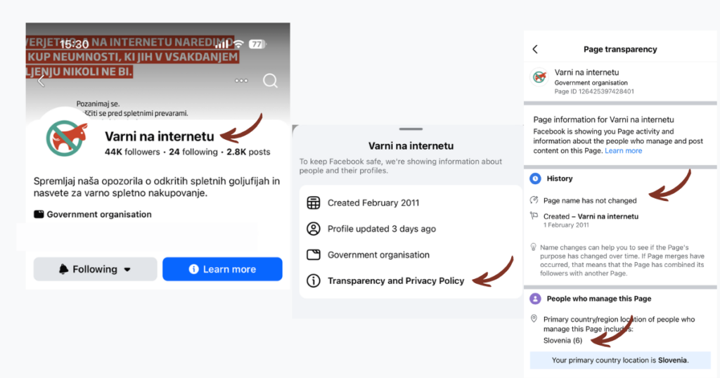 Če dvomite - poiščite več informacij, kdaj je bila Facebook stran ustvarjena, v kateri državi se nahajajo administratorji in ali so spreminjali ime. 