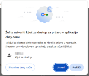 Primer nastavitve passkeya v aplikaciji ebay. Aplikacije in strani lahko same predlagajo uporabo passkeya za večjo varnost in enostavnejši vpis.