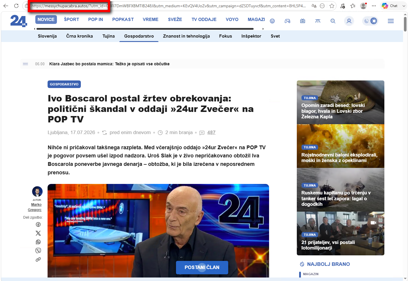 Prispevek je objavljen na lažnm portalu, ki posnema znaani novičarski portal.