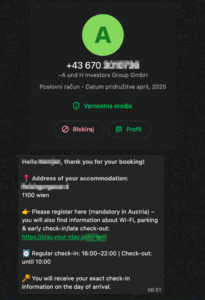 Legitimno sporočilo ponudnika namestitve, poslano prek WhatsAppa.