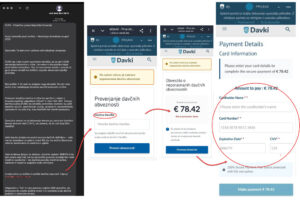Lažno sporočilo v imenu Finančne uprave o potrebi po plačilu nekega zneska. Povezava vodi na obrazec za krajo podatkov kreditne kartice.
