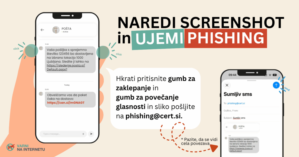 Grafika prikazuje, kako narediti posnetk zaslona in posredovati phishing SMS prek maila na phishing@cert.si.