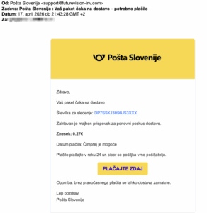 Lažno elektronsko sporočilo v imenu Pošte. Plačilo je potrebno izvesti prek povezave v sporočilu.