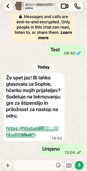 Sporočilo prek WhatsAppa, ki nagovarja k glasovanju prek povezave. 