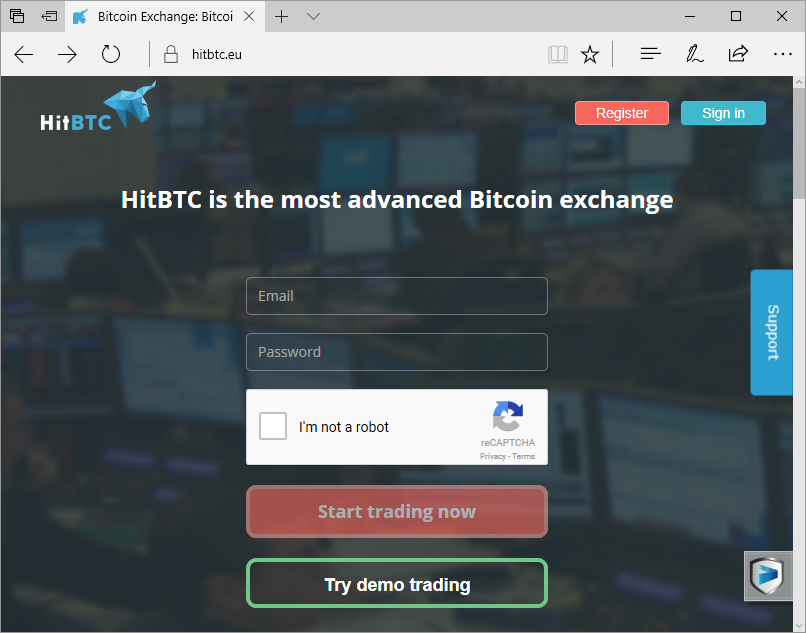 Zaslon, ki prikazuje lažno spletno stran HitBTC