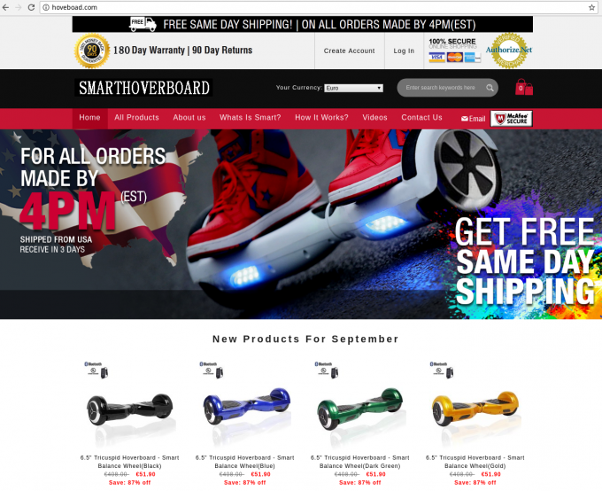 Primer lažne spletne trgovine s hoverboardi